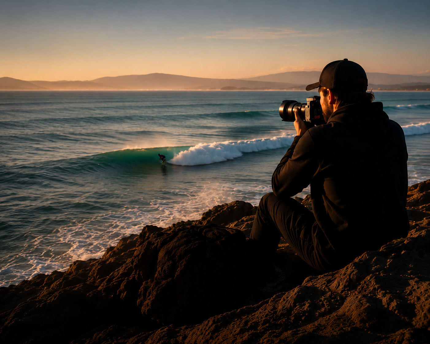 Surfer photographer overlooking a breaking wave at sunset
